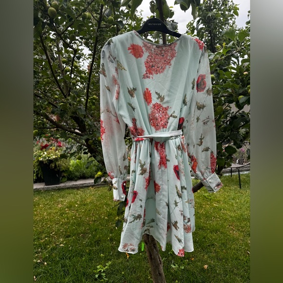 JF LEFON Mint Green Floral Long Sleeve Faux Wrap Belted Mini Dress, Sz L - Picture 6 of 16